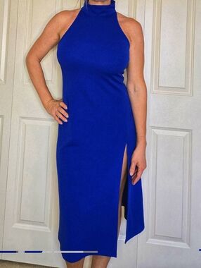 Cobalt Blue Halter Midi Dress High Neck Slit Bodycon Size M